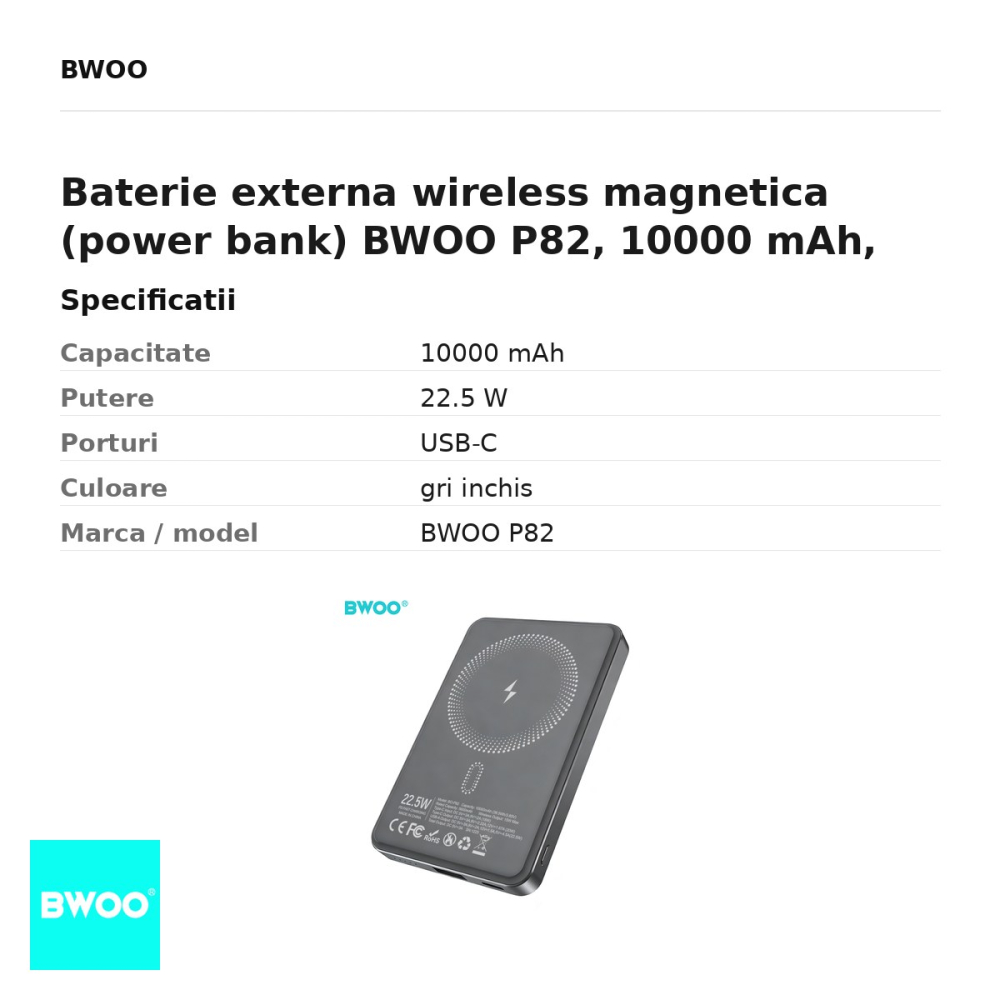 Baterie externa wireless magnetica (power bank) BWOO P82, 10000 mAh, USB-C, 22.5W, gri inchis [3]