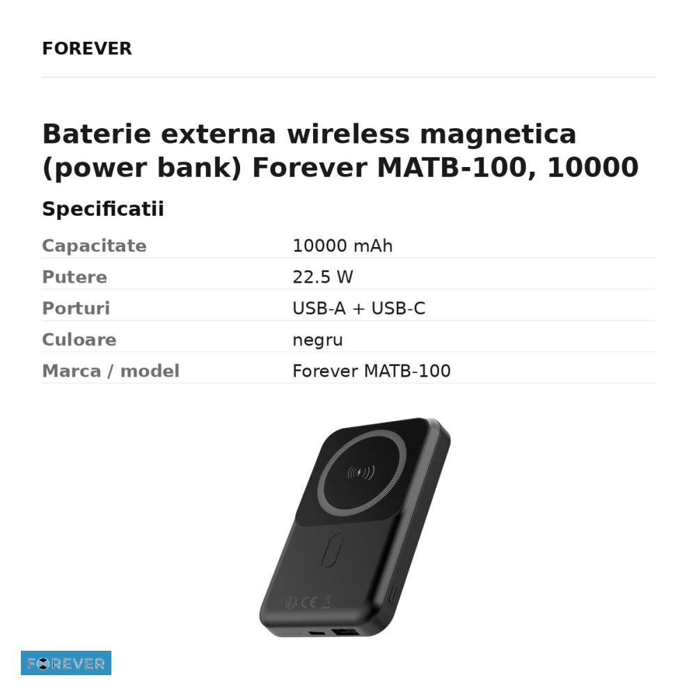 Baterie externa wireless magnetica (power bank) Forever MATB-100, 10000 mAh, USB-A + USB-C, 22.5W, cu afisaj, cu cablu inclus, negru [3]
