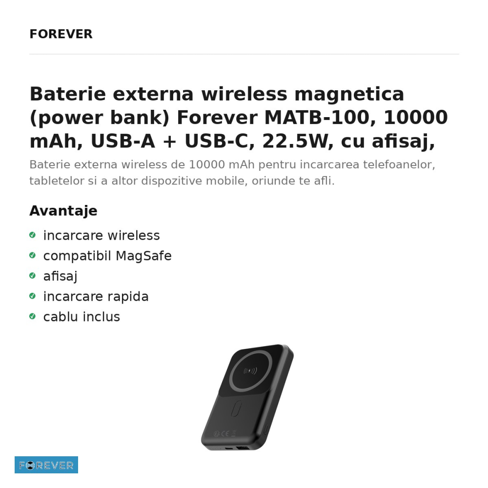 Baterie externa wireless magnetica (power bank) Forever MATB-100, 10000 mAh, USB-A + USB-C, 22.5W, cu afisaj, cu cablu inclus, negru [2]