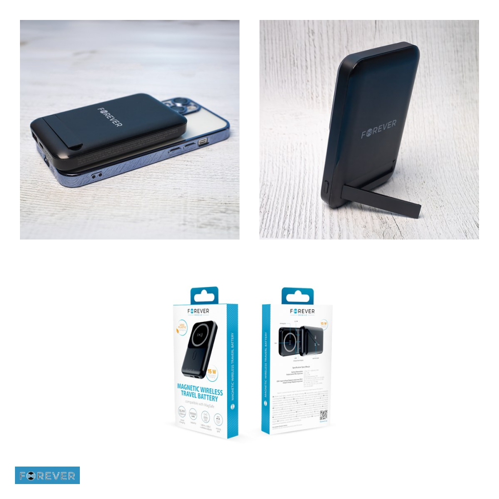 Baterie externa wireless magnetica (power bank) Forever MATB-100, 10000 mAh, USB-A + USB-C, 22.5W, cu afisaj, cu cablu inclus, negru [5]