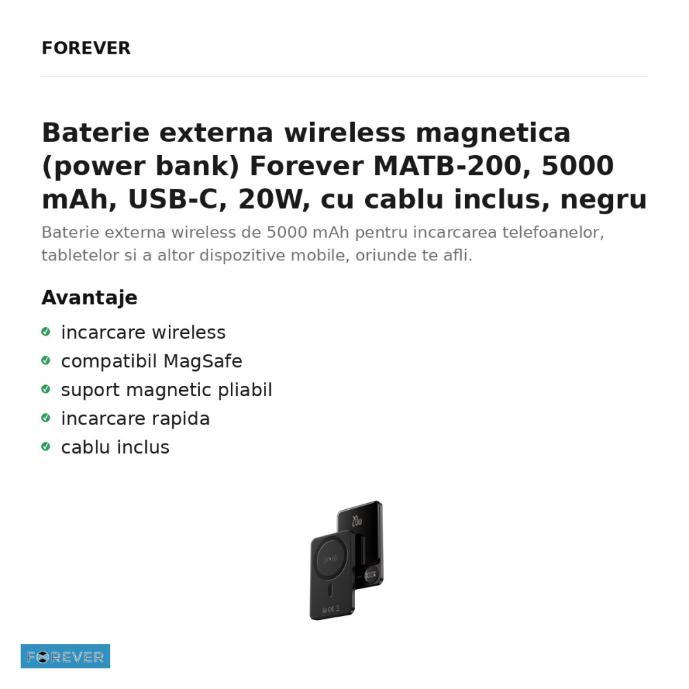 Baterie externa wireless magnetica (power bank) Forever MATB-200, 5000 mAh, USB-C, 20W, cu cablu inclus, negru [2]
