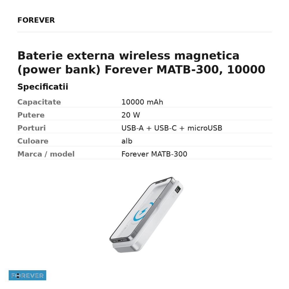 Baterie externa wireless magnetica (power bank) Forever MATB-300, 10000 mAh, USB-A + USB-C + microUSB, 20W, alb [3]