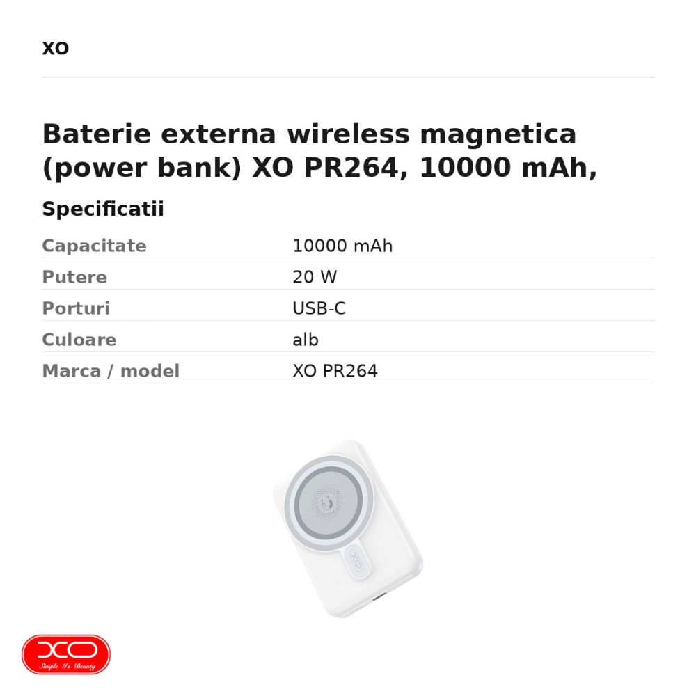 Baterie externa wireless magnetica (power bank) XO PR264, 10000 mAh, USB-C, 20W, alb [3]