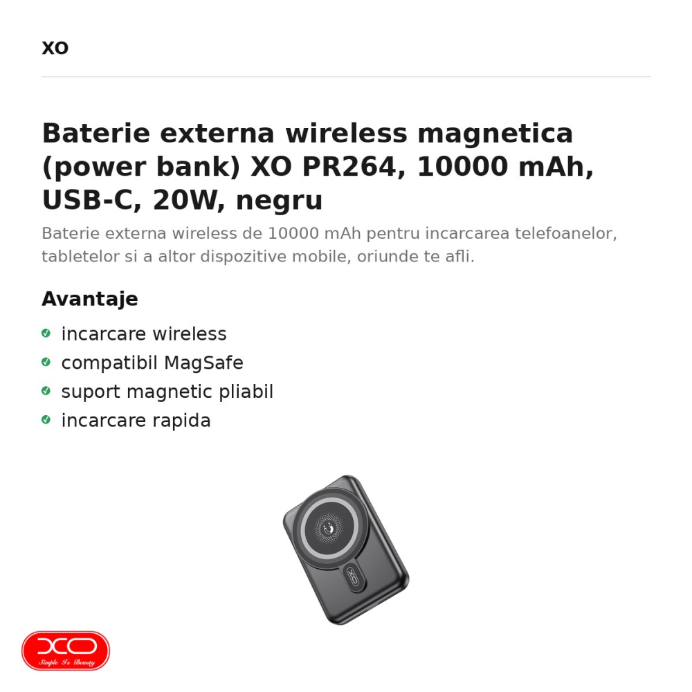 Baterie externa wireless magnetica (power bank) XO PR264, 10000 mAh, USB-C, 20W, negru [2]