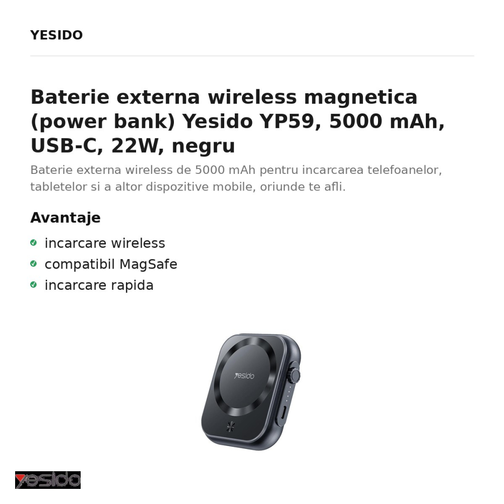 Baterie externa wireless magnetica (power bank) Yesido YP59, 5000 mAh, USB-C, 22W, negru [2]