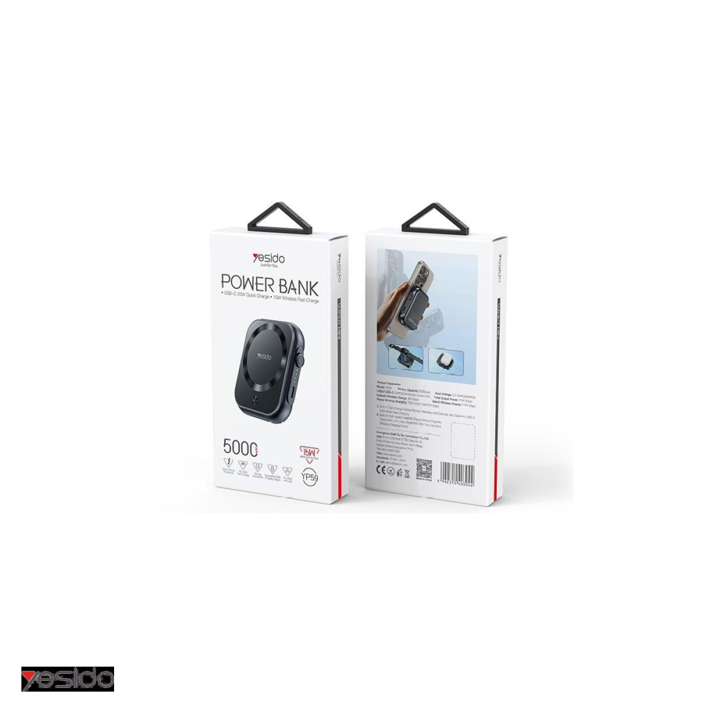 Baterie externa wireless magnetica (power bank) Yesido YP59, 5000 mAh, USB-C, 22W, negru [4]