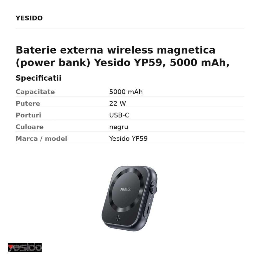 Baterie externa wireless magnetica (power bank) Yesido YP59, 5000 mAh, USB-C, 22W, negru [3]