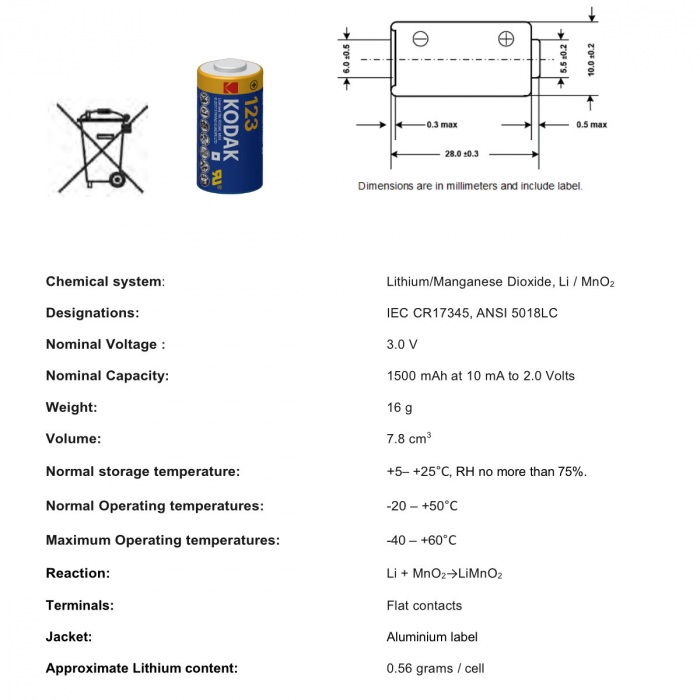 Baterie foto KODAK K123LA MAX Lithium 3V, tip CR123A, in blister, 1500 mAh, fara Mercur, Plumb si Cadmiu [5]
