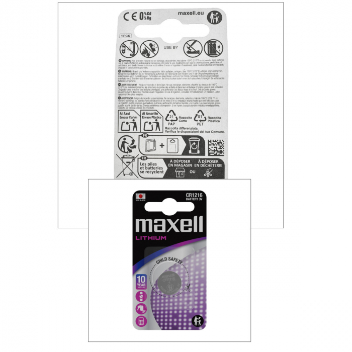 Baterie Lithium Maxell CR1216, 3V, tip moneda, 12.5mm diametru x 1.6mm inaltime, capacitate 25 mAh, in blister [5]