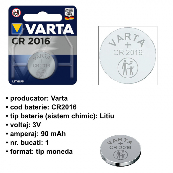 Baterie Varta tip buton CR 2016, 90 mAh [4]