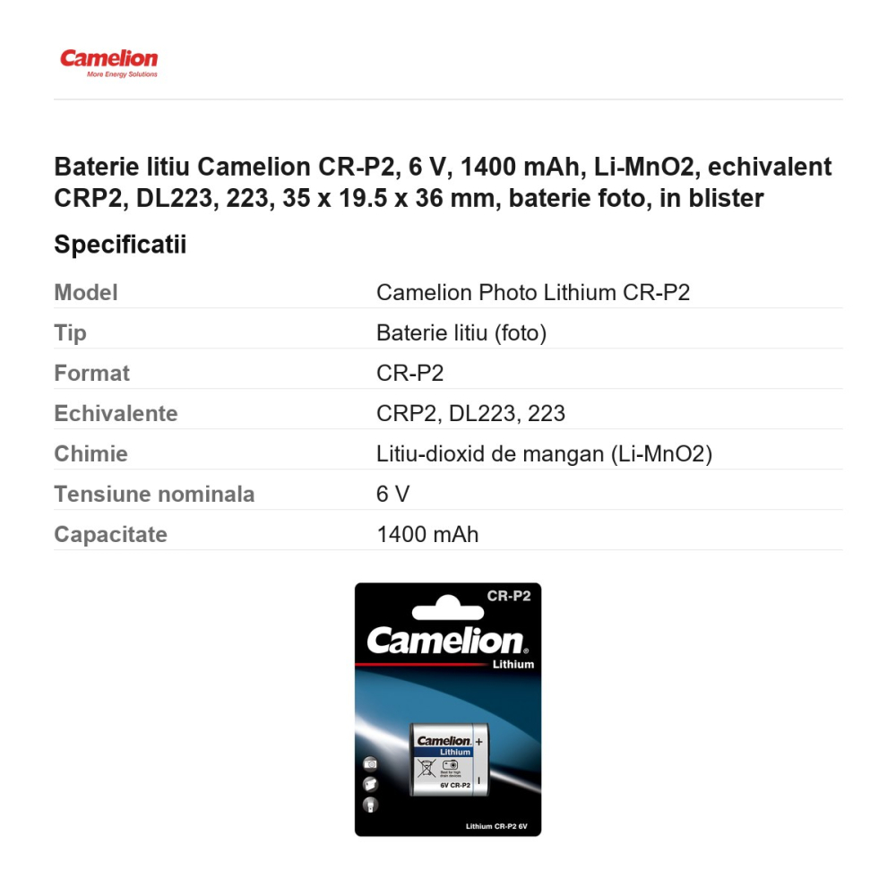 Baterie litiu Camelion CR-P2, 6 V, 1400 mAh, Li-MnO2, echivalent CRP2, DL223, 223, 35 x 19.5 x 36 mm, baterie foto, in blister [3]