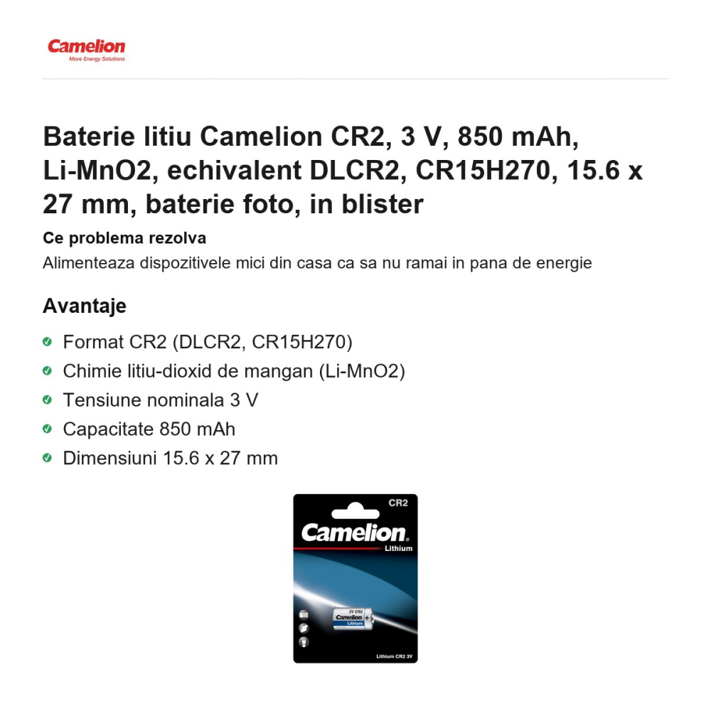 Baterie litiu Camelion CR2, 3 V, 850 mAh, Li-MnO2, echivalent DLCR2, CR15H270, 15.6 x 27 mm, baterie foto, in blister [2]
