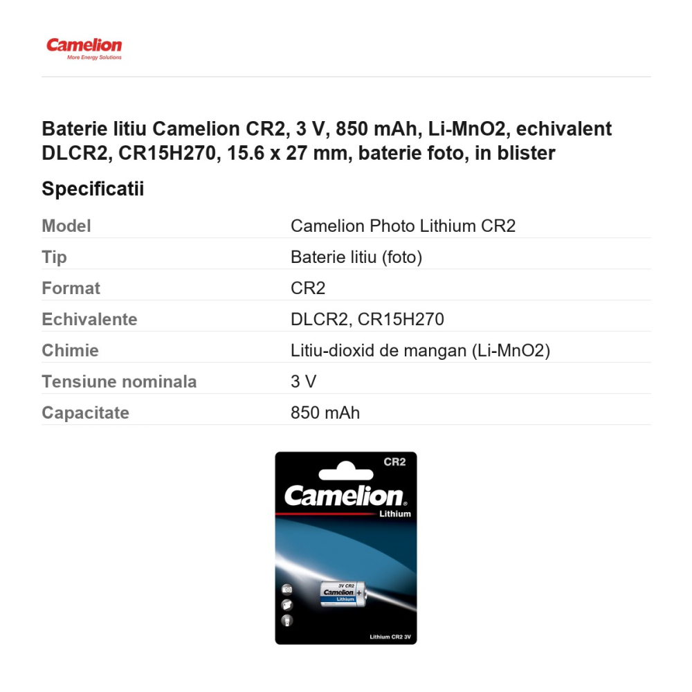 Baterie litiu Camelion CR2, 3 V, 850 mAh, Li-MnO2, echivalent DLCR2, CR15H270, 15.6 x 27 mm, baterie foto, in blister [3]