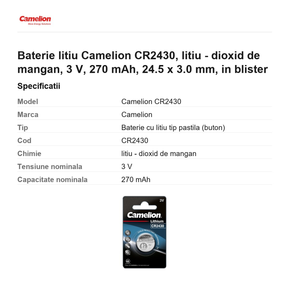 Baterie litiu Camelion CR2430, litiu - dioxid de mangan, 3 V, 270 mAh, 24.5 x 3.0 mm, in blister [3]