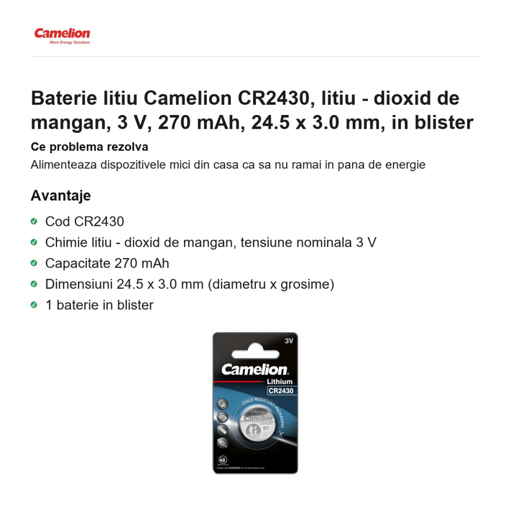 Baterie litiu Camelion CR2430, litiu - dioxid de mangan, 3 V, 270 mAh, 24.5 x 3.0 mm, in blister [2]