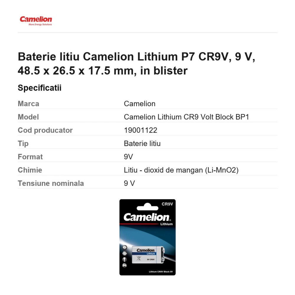 Baterie litiu Camelion Lithium P7 CR9V, 9 V, 48.5 x 26.5 x 17.5 mm, in blister [3]