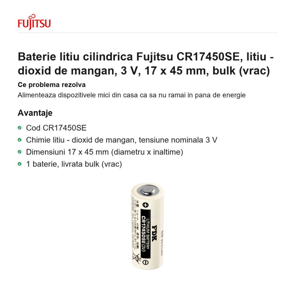 Baterie litiu cilindrica Fujitsu CR17450SE, litiu - dioxid de mangan, 3 V, 17 x 45 mm, bulk (vrac) [2]