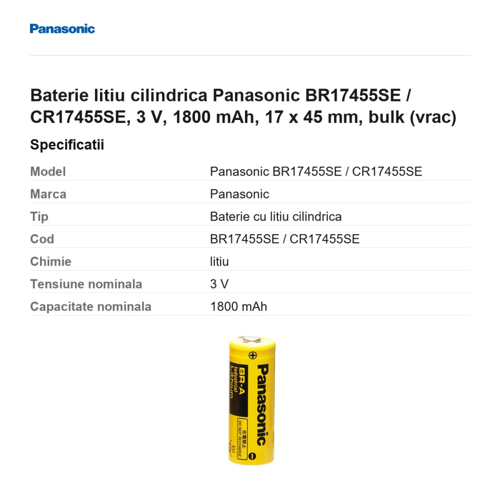 Baterie litiu cilindrica Panasonic BR17455SE / CR17455SE, 3 V, 1800 mAh, 17 x 45 mm, bulk (vrac) [3]
