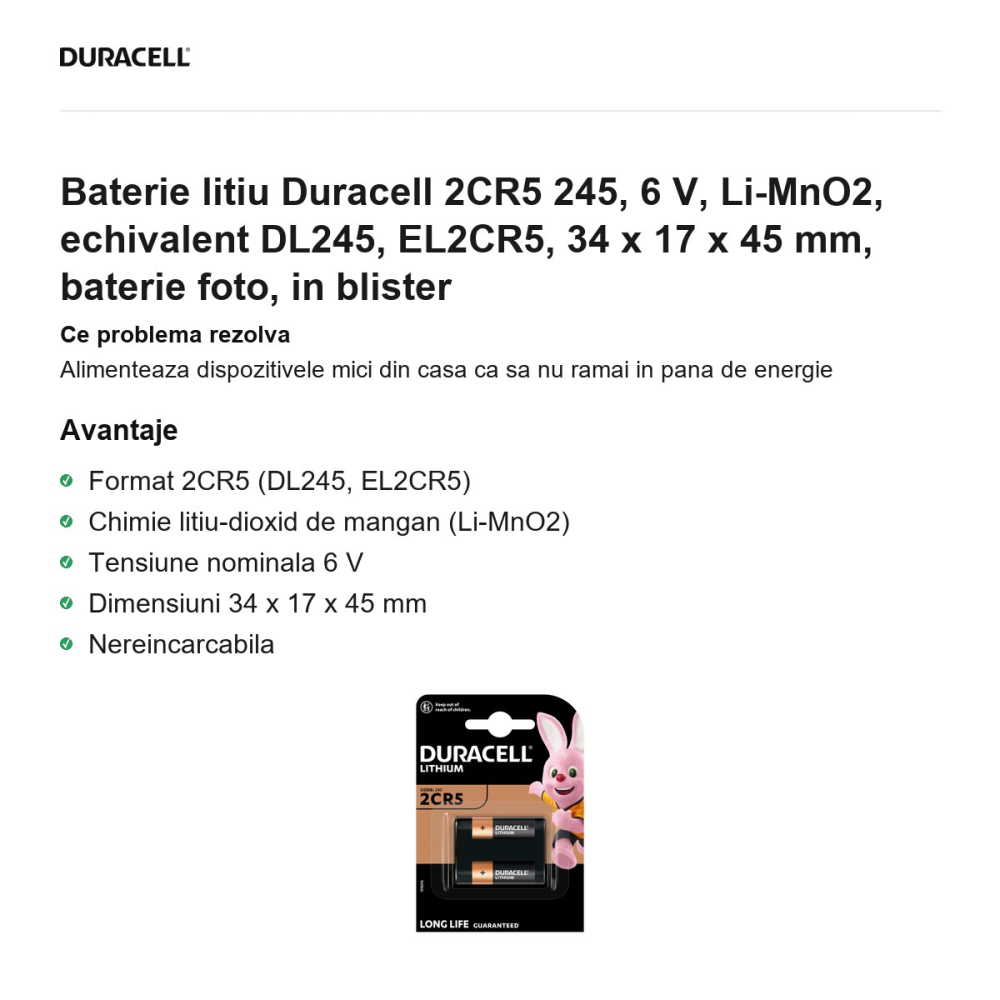 Baterie litiu Duracell 2CR5 245, 6 V, Li-MnO2, echivalent DL245, EL2CR5, 34 x 17 x 45 mm, baterie foto, in blister [2]