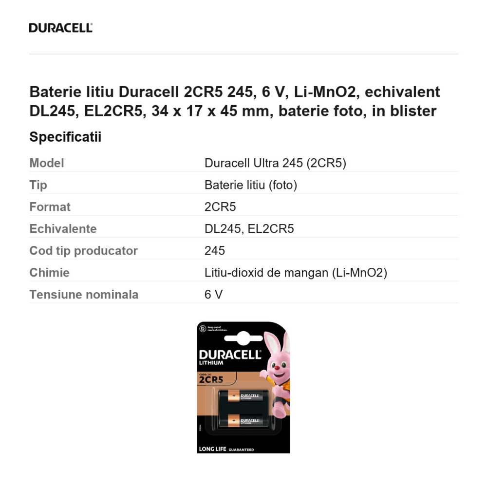 Baterie litiu Duracell 2CR5 245, 6 V, Li-MnO2, echivalent DL245, EL2CR5, 34 x 17 x 45 mm, baterie foto, in blister [3]