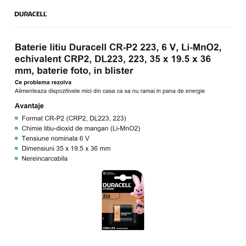 Baterie litiu Duracell CR-P2 223, 6 V, Li-MnO2, echivalent CRP2, DL223, 223, 35 x 19.5 x 36 mm, baterie foto, in blister [2]