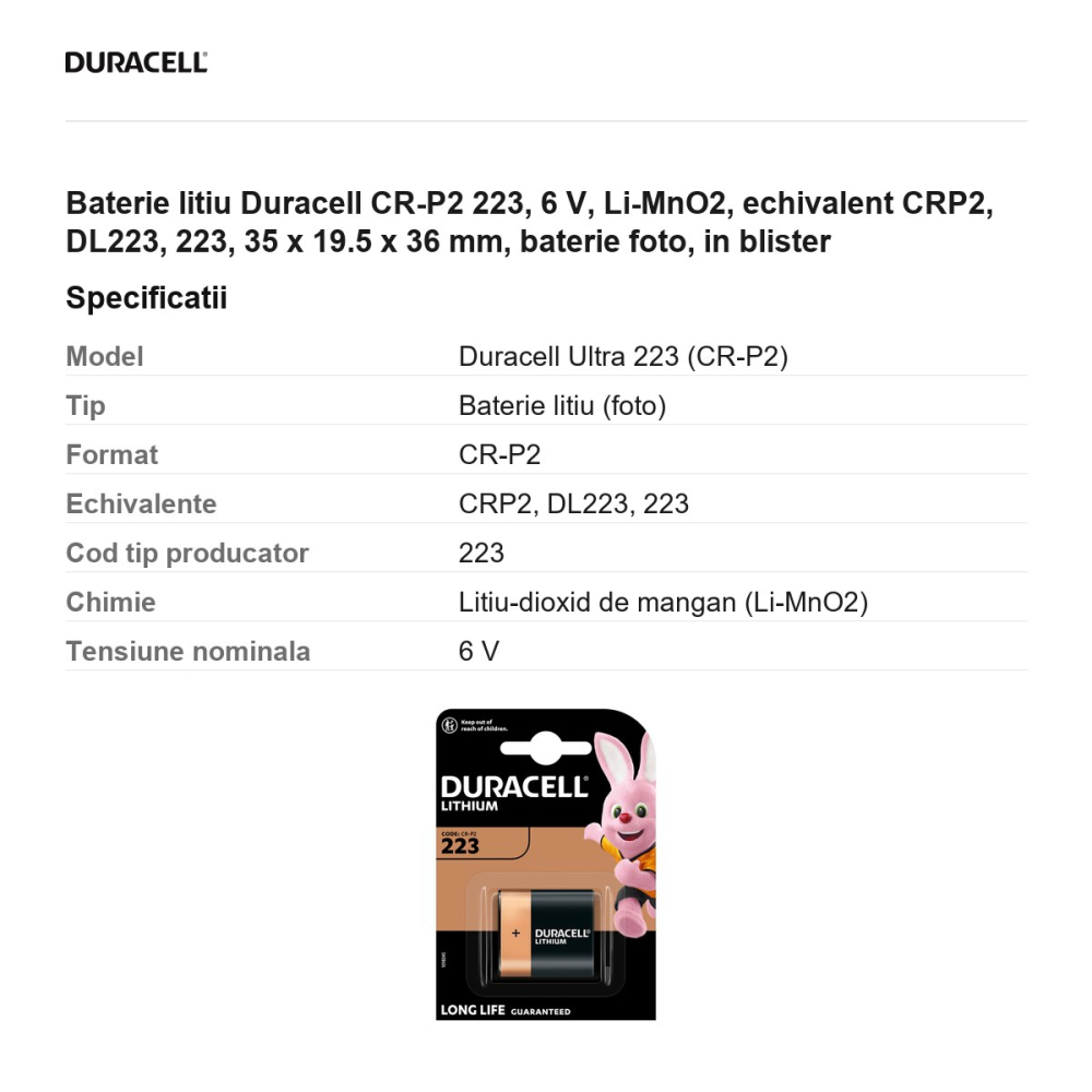 Baterie litiu Duracell CR-P2 223, 6 V, Li-MnO2, echivalent CRP2, DL223, 223, 35 x 19.5 x 36 mm, baterie foto, in blister [3]