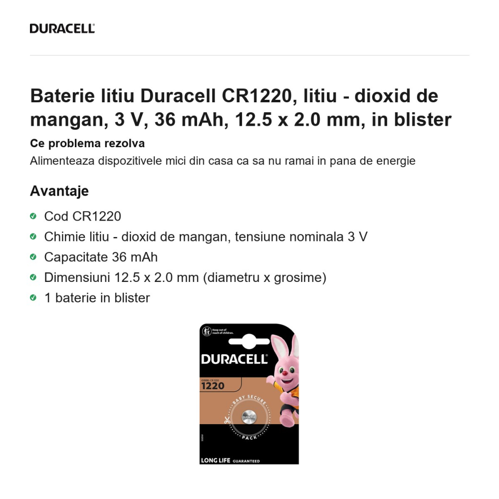 Baterie litiu Duracell CR1220, litiu - dioxid de mangan, 3 V, 36 mAh, 12.5 x 2.0 mm, in blister [2]