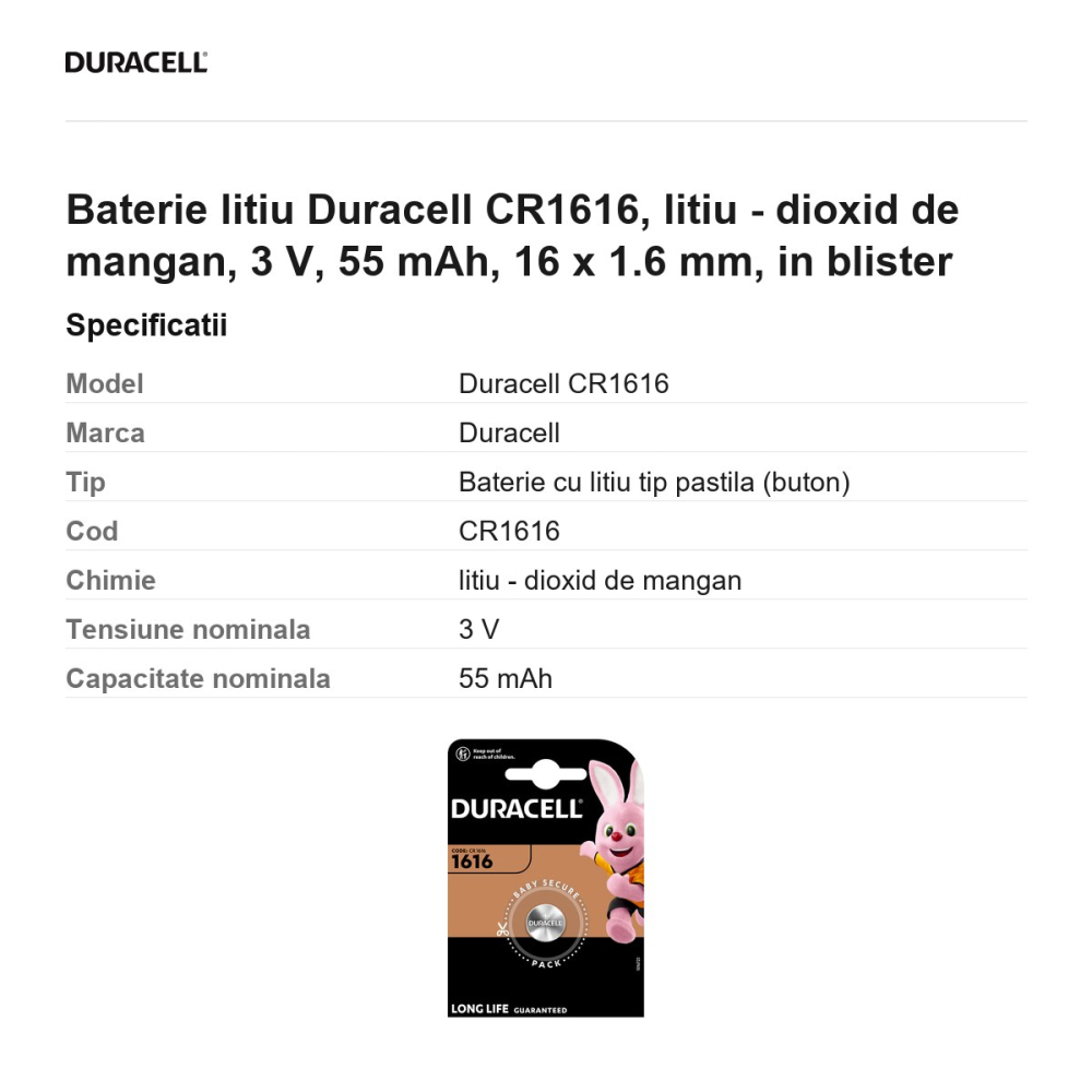 Baterie litiu Duracell CR1616, litiu - dioxid de mangan, 3 V, 55 mAh, 16 x 1.6 mm, in blister [3]