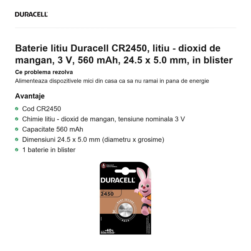 Baterie litiu Duracell CR2450, litiu - dioxid de mangan, 3 V, 560 mAh, 24.5 x 5.0 mm, in blister [2]