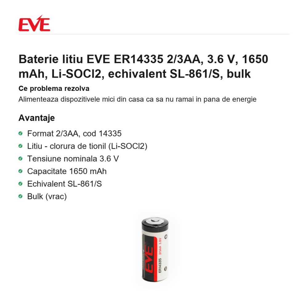 Baterie litiu EVE ER14335 2/3AA, 3.6 V, 1650 mAh, Li-SOCl2, echivalent SL-861/S, bulk [2]