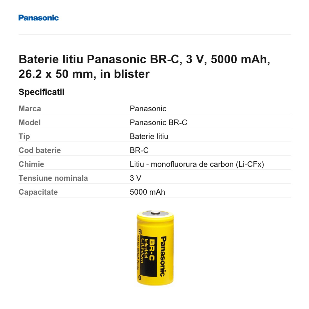 Baterie litiu Panasonic BR-C, 3 V, 5000 mAh, 26.2 x 50 mm, in blister [3]