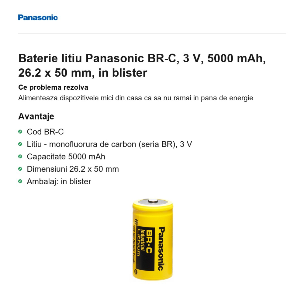 Baterie litiu Panasonic BR-C, 3 V, 5000 mAh, 26.2 x 50 mm, in blister [2]