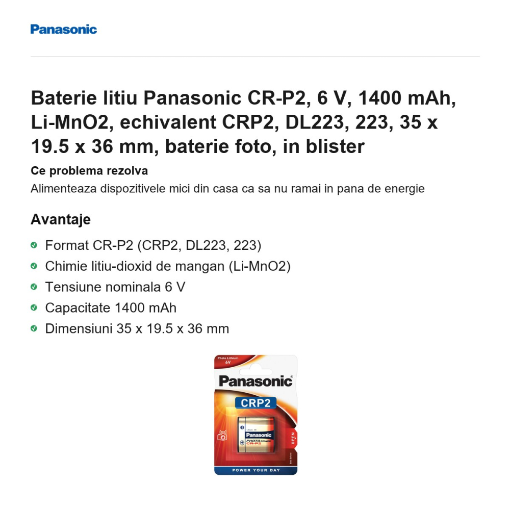 Baterie litiu Panasonic CR-P2, 6 V, 1400 mAh, Li-MnO2, echivalent CRP2, DL223, 223, 35 x 19.5 x 36 mm, baterie foto, in blister [2]
