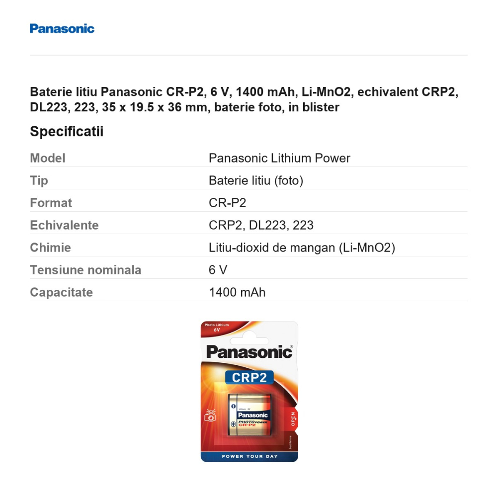 Baterie litiu Panasonic CR-P2, 6 V, 1400 mAh, Li-MnO2, echivalent CRP2, DL223, 223, 35 x 19.5 x 36 mm, baterie foto, in blister [3]
