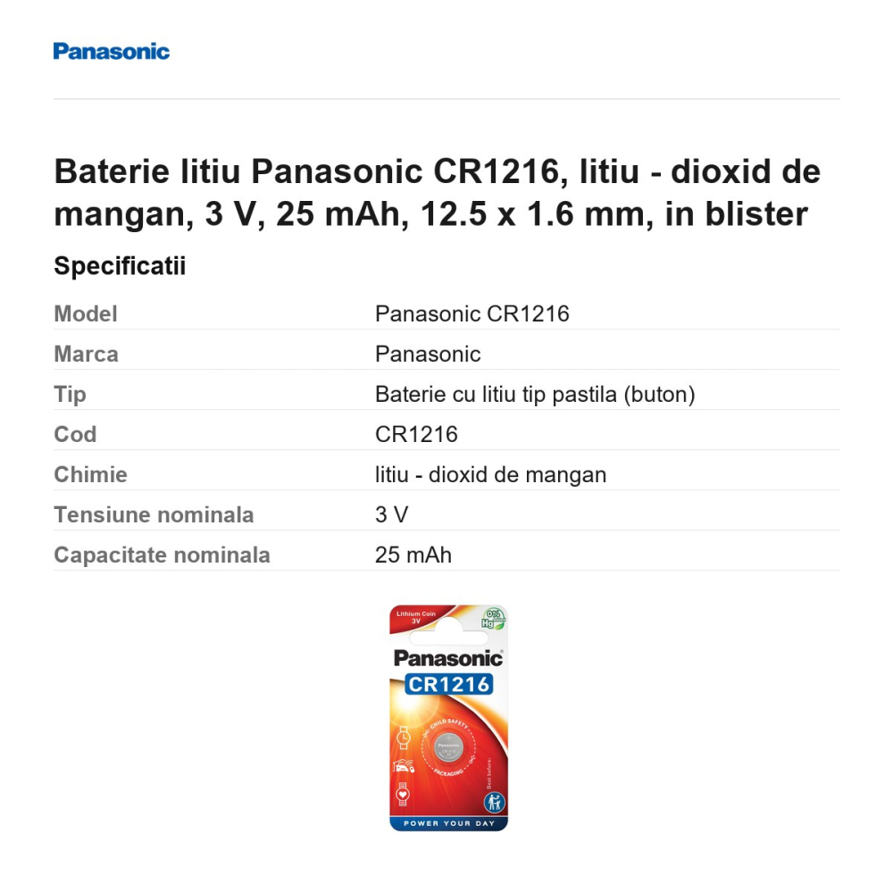 Baterie litiu Panasonic CR1216, litiu - dioxid de mangan, 3 V, 25 mAh, 12.5 x 1.6 mm, in blister [3]