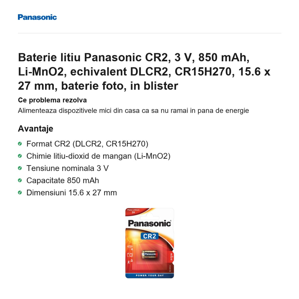 Baterie litiu Panasonic CR2, 3 V, 850 mAh, Li-MnO2, echivalent DLCR2, CR15H270, 15.6 x 27 mm, baterie foto, in blister [2]