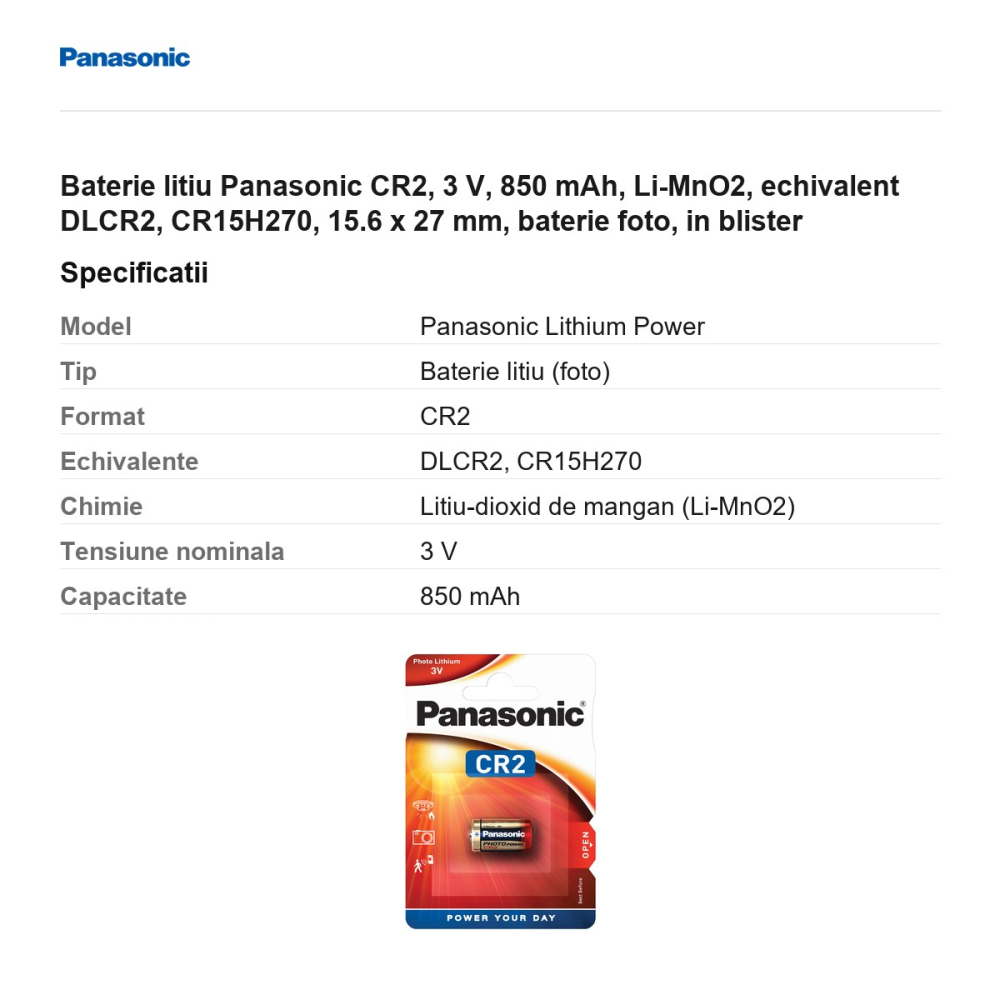 Baterie litiu Panasonic CR2, 3 V, 850 mAh, Li-MnO2, echivalent DLCR2, CR15H270, 15.6 x 27 mm, baterie foto, in blister [3]