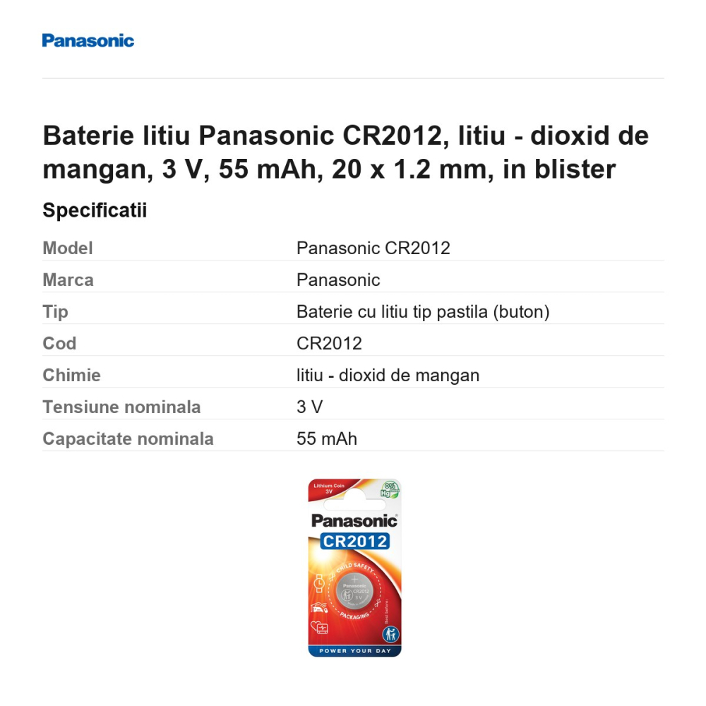 Baterie litiu Panasonic CR2012, litiu - dioxid de mangan, 3 V, 55 mAh, 20 x 1.2 mm, in blister [3]
