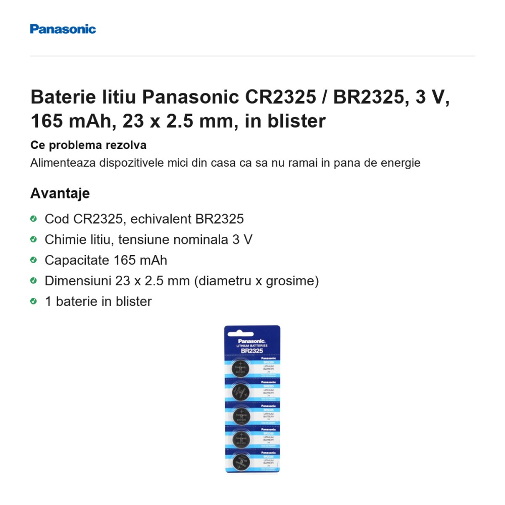 Baterie litiu Panasonic CR2325 / BR2325, 3 V, 165 mAh, 23 x 2.5 mm, in blister [2]