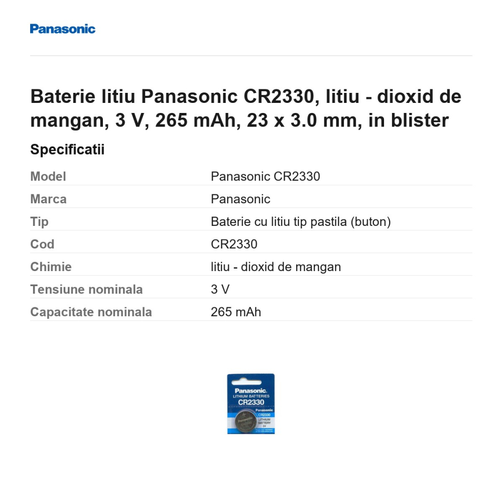 Baterie litiu Panasonic CR2330, litiu - dioxid de mangan, 3 V, 265 mAh, 23 x 3.0 mm, in blister [3]