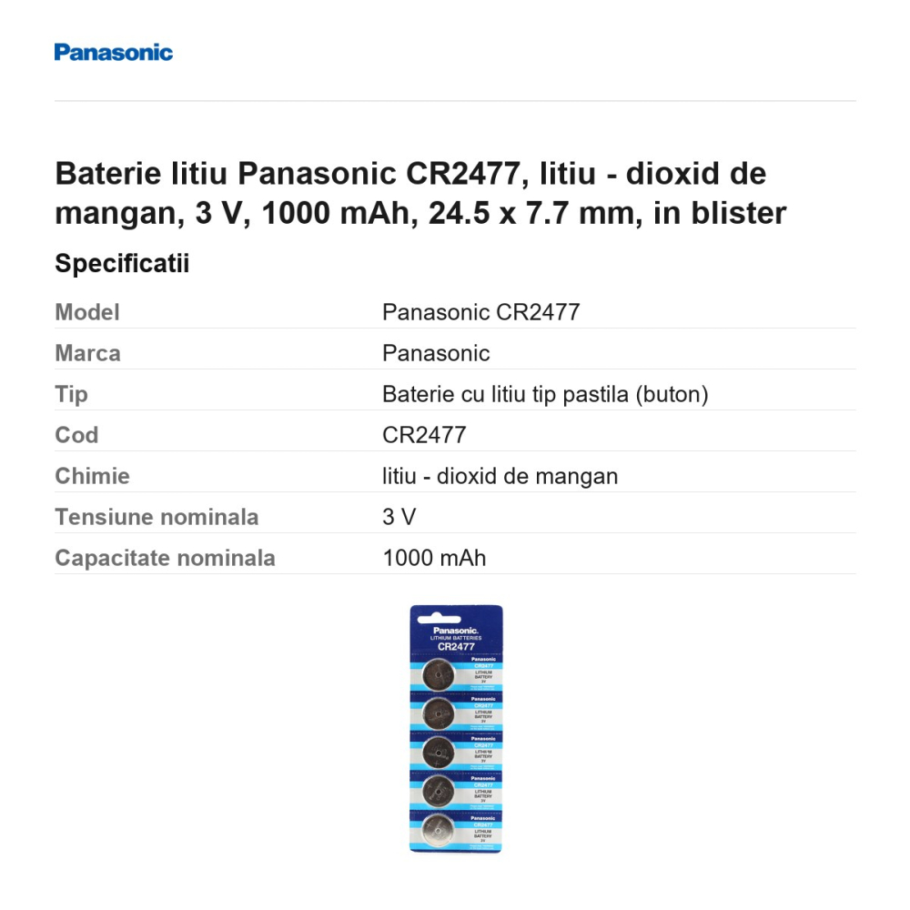 Baterie litiu Panasonic CR2477, litiu - dioxid de mangan, 3 V, 1000 mAh, 24.5 x 7.7 mm, in blister [3]