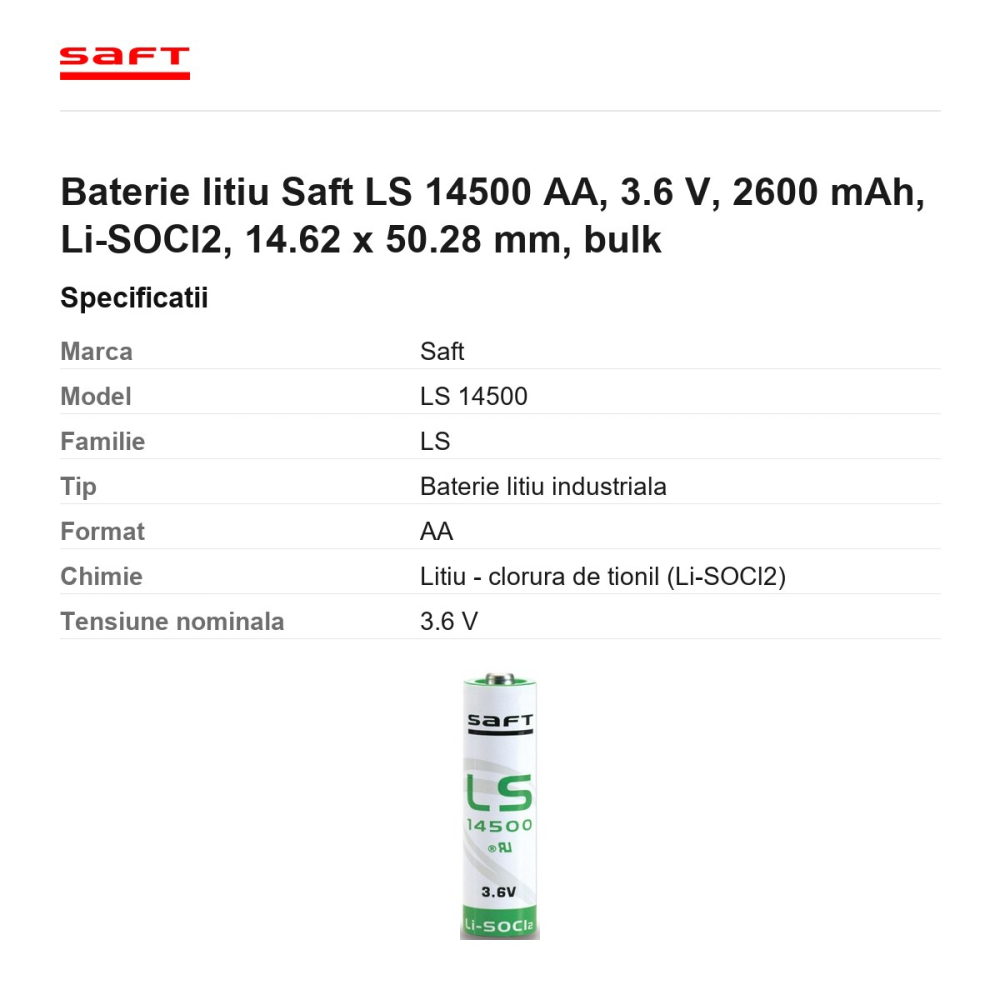 Baterie litiu Saft LS 14500 AA, 3.6 V, 2600 mAh, Li-SOCl2, 14.62 x 50.28 mm, bulk [3]