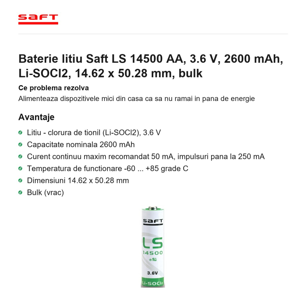 Baterie litiu Saft LS 14500 AA, 3.6 V, 2600 mAh, Li-SOCl2, 14.62 x 50.28 mm, bulk [2]