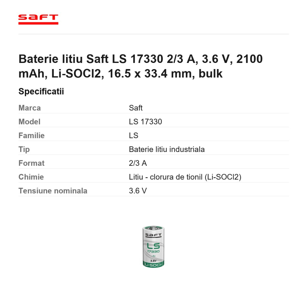 Baterie litiu Saft LS 17330 2/3 A, 3.6 V, 2100 mAh, Li-SOCl2, 16.5 x 33.4 mm, bulk [3]