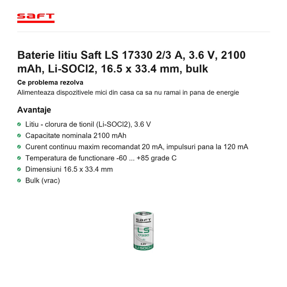 Baterie litiu Saft LS 17330 2/3 A, 3.6 V, 2100 mAh, Li-SOCl2, 16.5 x 33.4 mm, bulk [2]