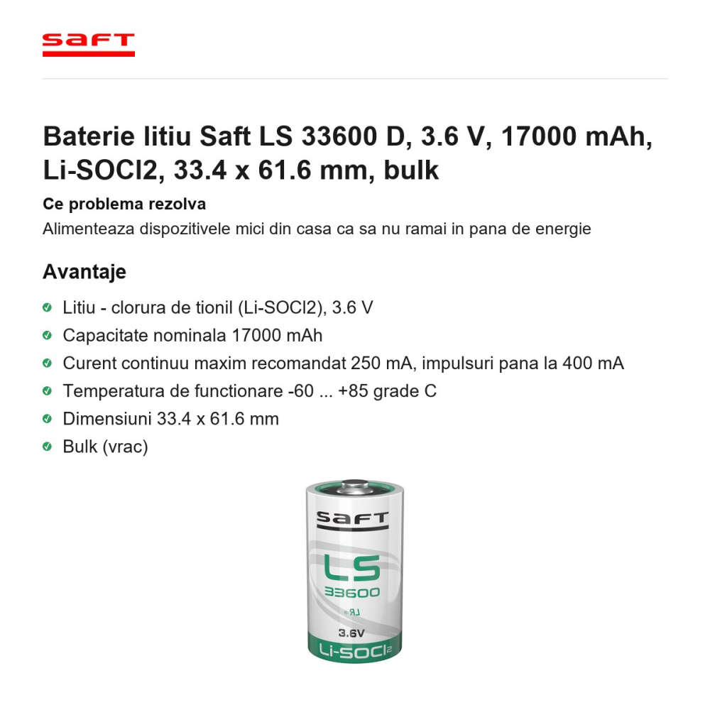 Baterie litiu Saft LS 33600 D, 3.6 V, 17000 mAh, Li-SOCl2, 33.4 x 61.6 mm, bulk [2]