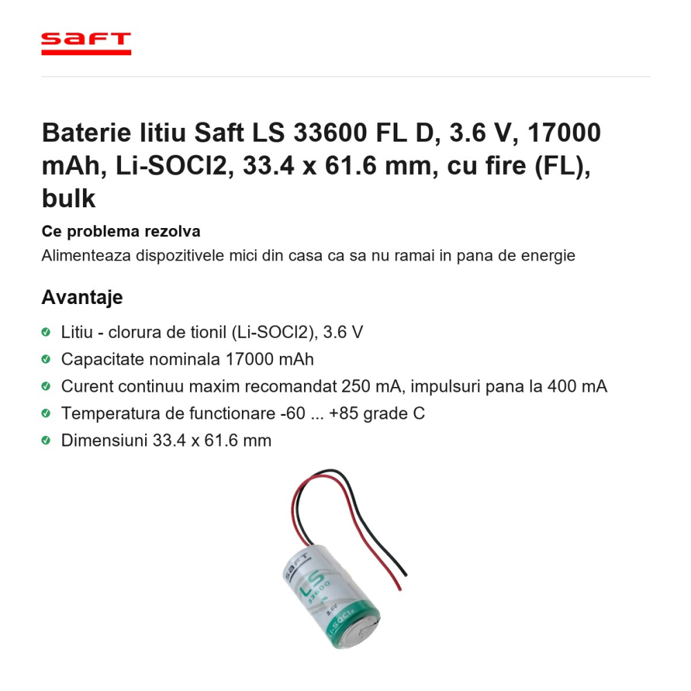 Baterie litiu Saft LS 33600 FL D, 3.6 V, 17000 mAh, Li-SOCl2, 33.4 x 61.6 mm, cu fire (FL), bulk [2]