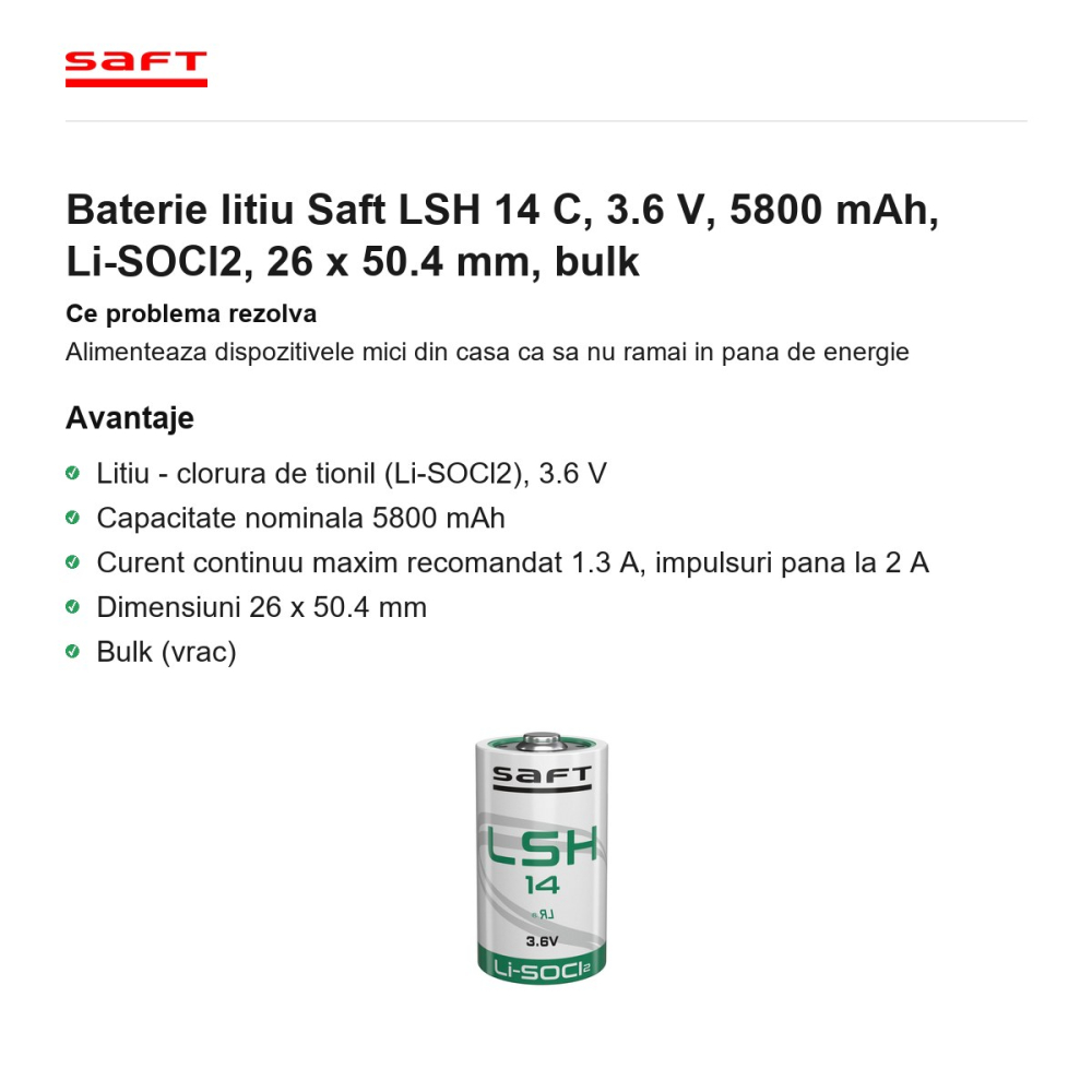 Baterie litiu Saft LSH 14 C, 3.6 V, 5800 mAh, Li-SOCl2, 26 x 50.4 mm, bulk [2]