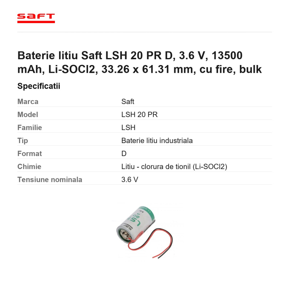 Baterie litiu Saft LSH 20 PR D, 3.6 V, 13500 mAh, Li-SOCl2, 33.26 x 61.31 mm, cu fire, bulk [3]
