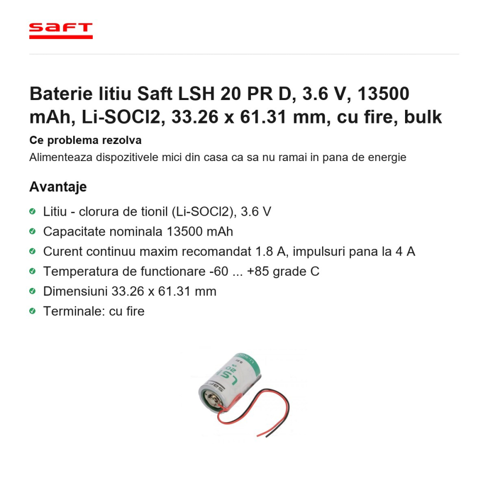 Baterie litiu Saft LSH 20 PR D, 3.6 V, 13500 mAh, Li-SOCl2, 33.26 x 61.31 mm, cu fire, bulk [2]